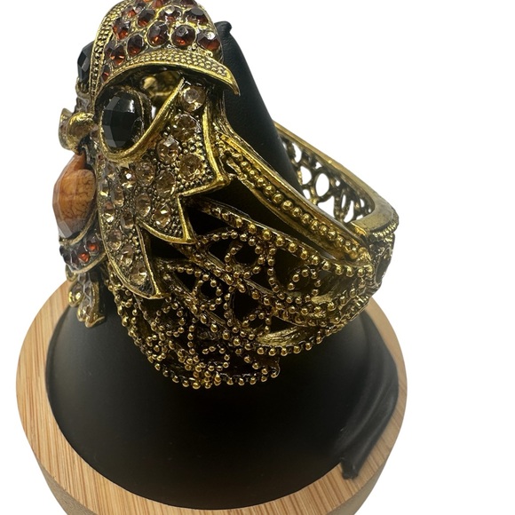 Antiqued Tone Owl Clamper Bracelet Rhinestone Statement Goth Heart Crystal Cuff - Picture 3 of 9